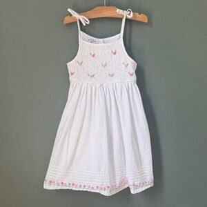 White Smocked Floral Embroidered Tie-Shoulder Girls' Dress Sz 6Y